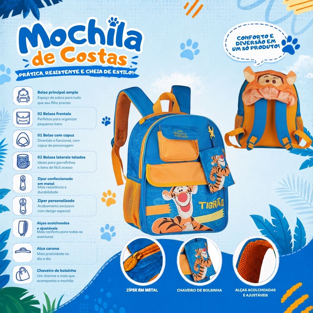 Mochila de Costas Infantil Tigrão Disney Escolar Menino Volta as Aulas Passeio Viagem Capuz Espaçosa - Imagem 2