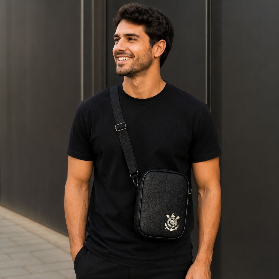 Shoulder Bag Mini Corinthians Preto Transversal Pai Amigo Presente Timão Futebol Torcedor Acessórios Pochete Bolsa - Imagem 3