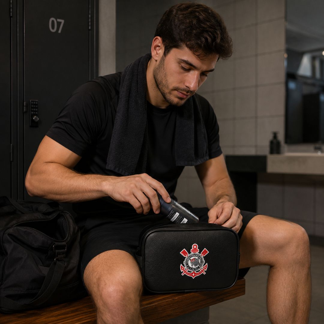 Necessaire Corinthians Preta Simbolo Pai Amigo Presente Alça Timão Futebol Torcedor Viagem Higiene Organizador - Imagem 3