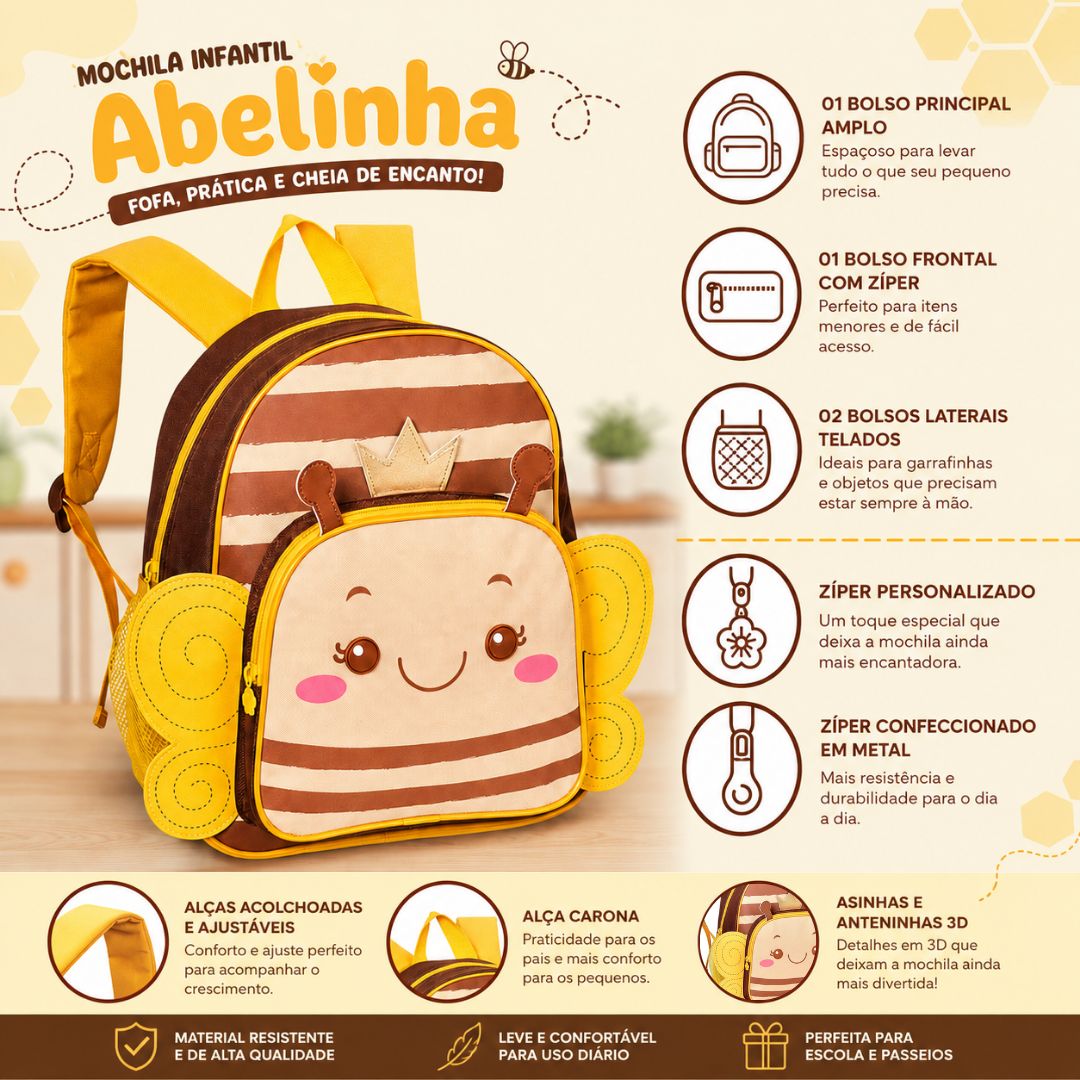 Mochila de Costas Infantil Abelhinha Borboleta Escolar Passeio Criança Viagem Volta as Aulas - Imagem 3