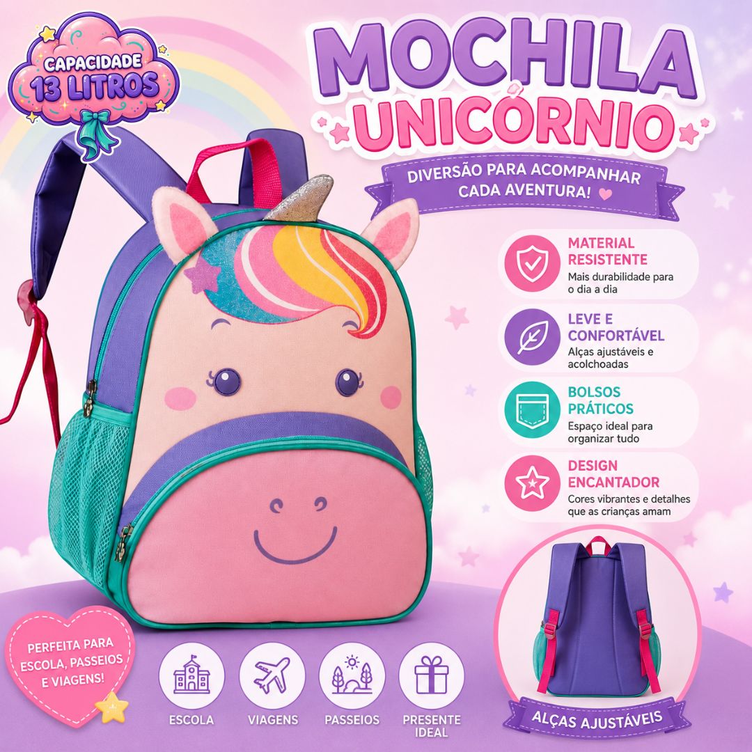 Mochila de Costas Unicórnio Infantil 13L Escolar Volta as Aulas Menina Passeio Viagem Resistente - Imagem 8