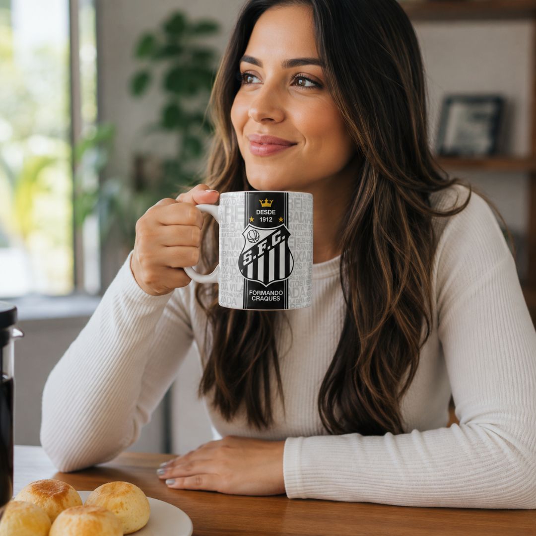 Caneca Santos 300ml Formando Craques Torcida Jovem Branco Pai Futebol Peixe Presente - Imagem 3