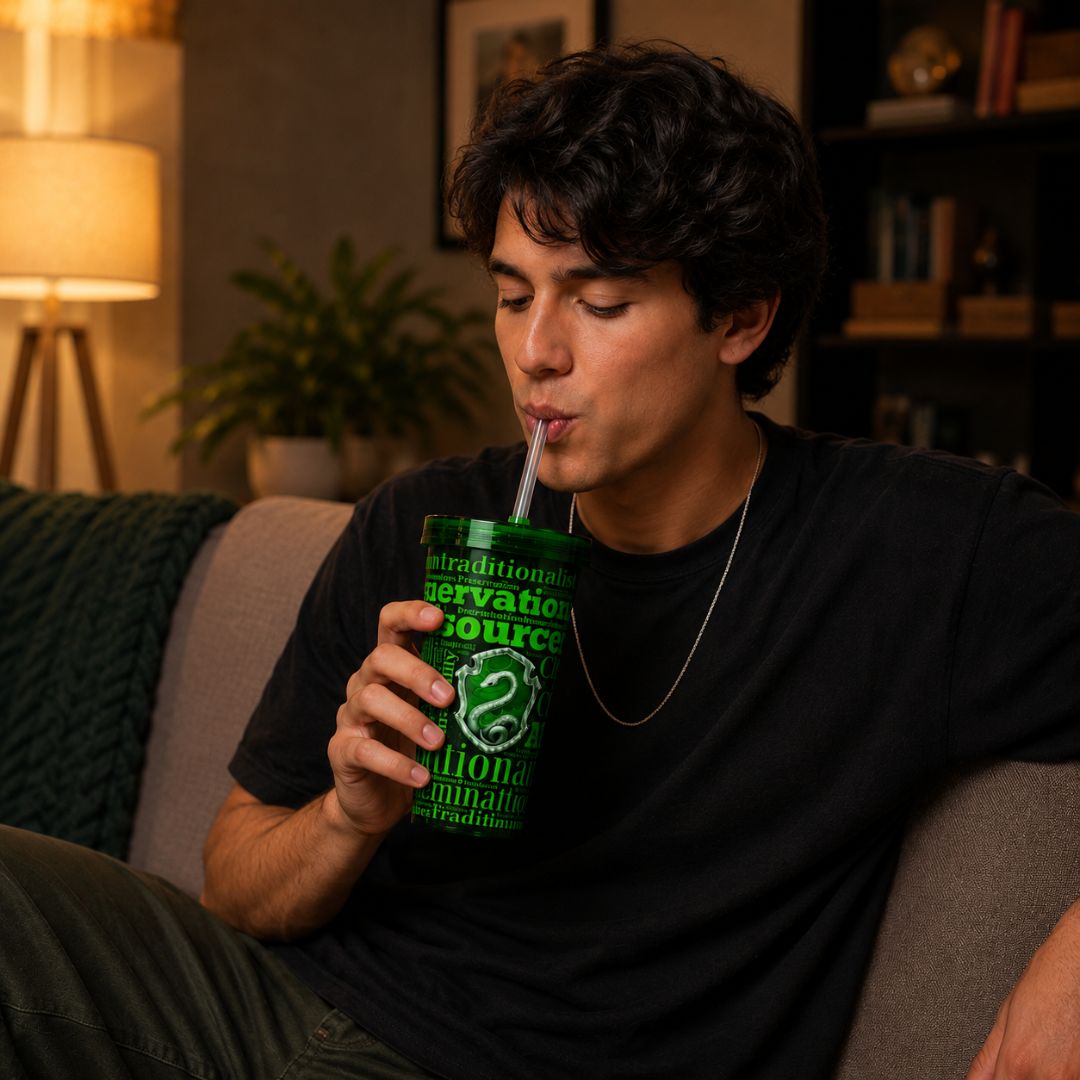 Copo c/ Canudo Sonserina Slytherin Frases Brasão Harry Potter 520ml Verde Bebidas Presente Tampa Hogwarts - Imagem 3