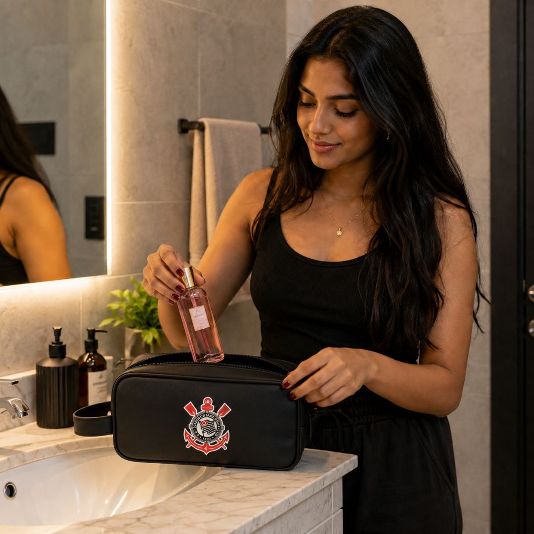 Necessaire Corinthians Preta Simbolo Pai Amigo Presente Alça Timão Futebol Torcedor Viagem Higiene Organizador - Imagem 4