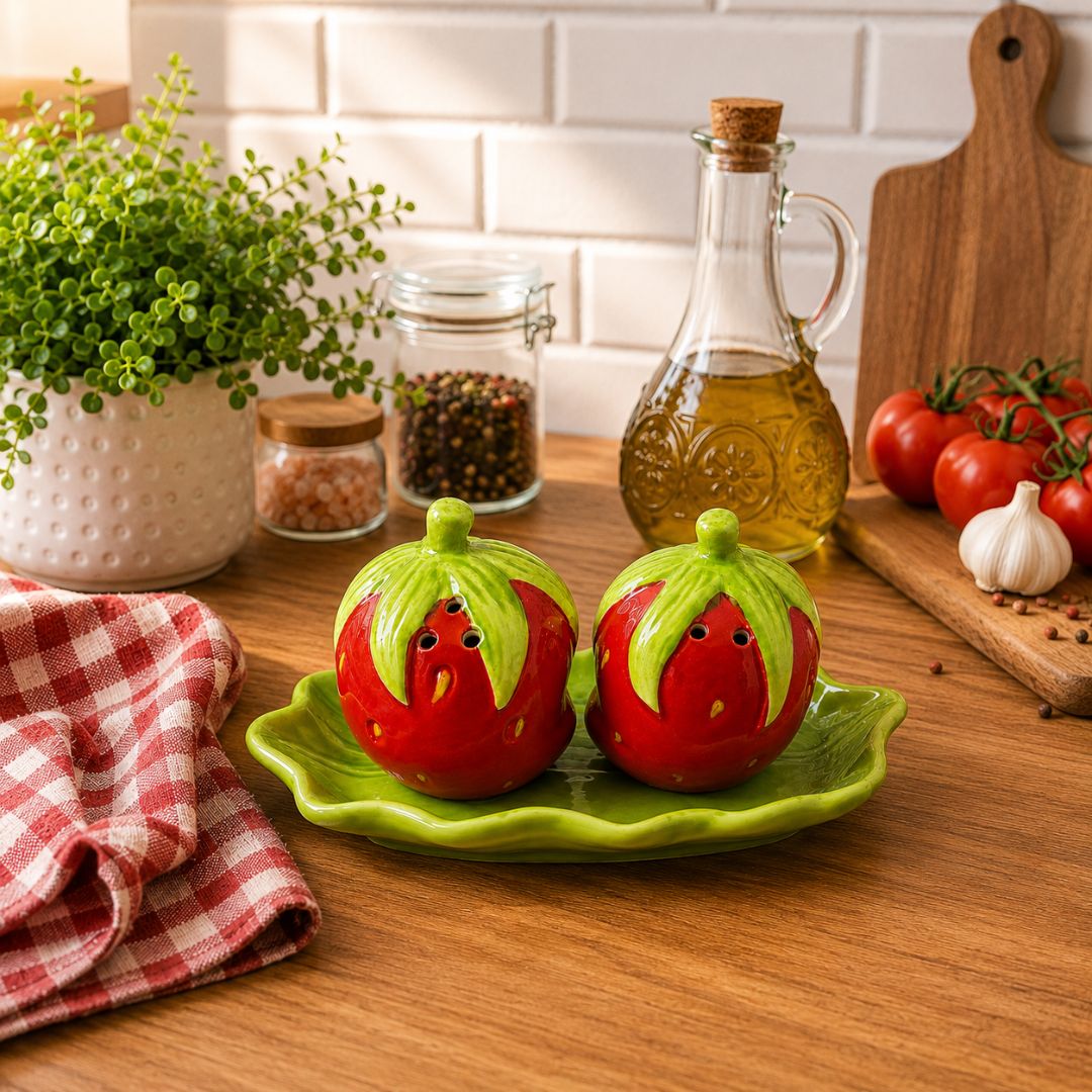 Conjunto de Saleiro e Pimenteiro Bandeja 3 Peças Cerâmica Morango Utensílio Cozinha Decoração Mesa Temperos Presente - Imagem 4