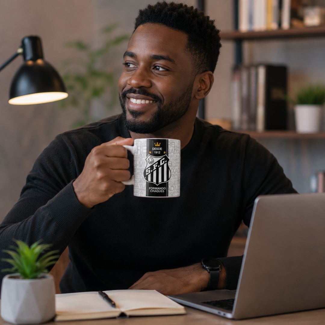 Caneca Santos 300ml Formando Craques Torcida Jovem Branco Pai Futebol Peixe Presente - Imagem 4