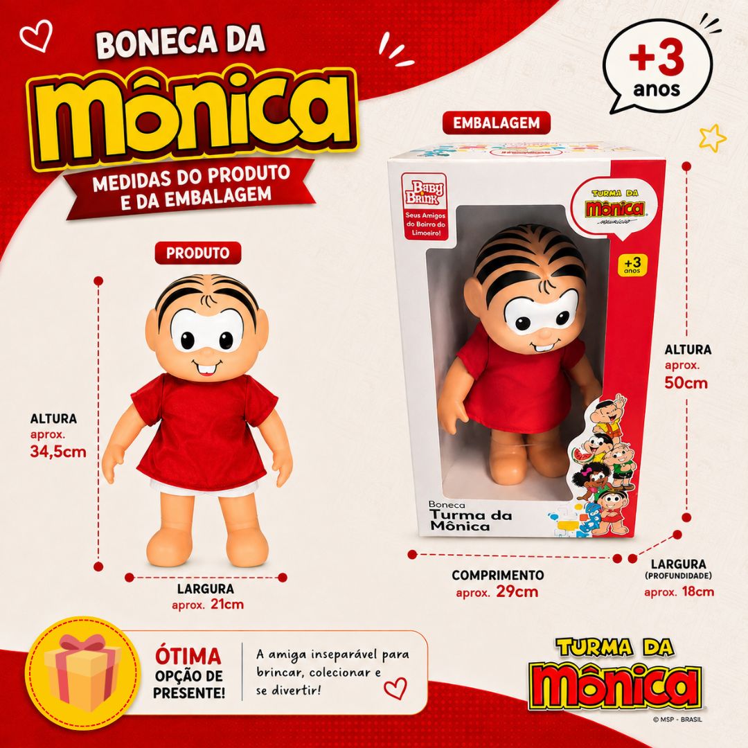 Boneca Mônica Clássicos Turma da Mônica Brinquedo Infantil Baby Brink Presente Menina Criança Colecionável - Imagem 5