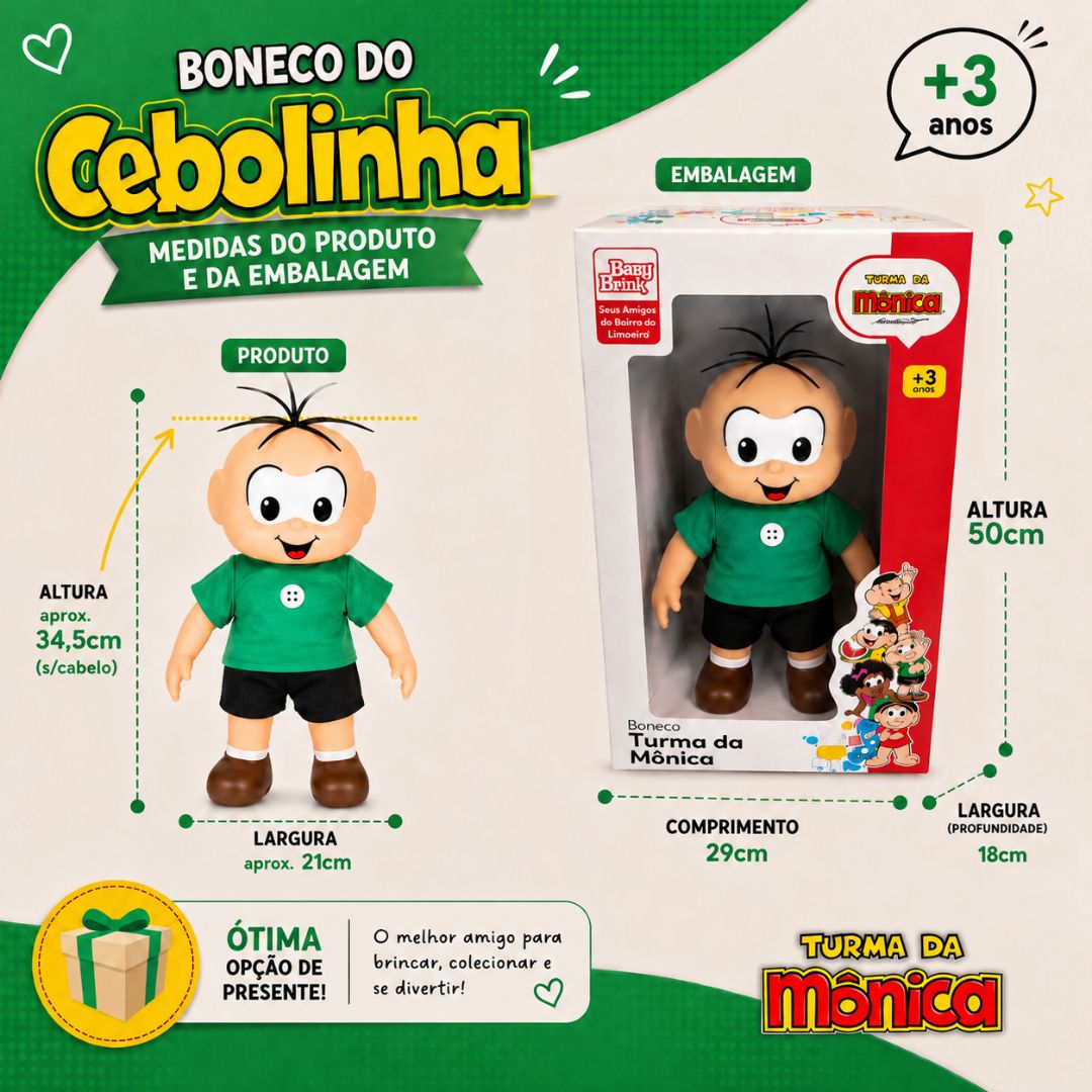 Boneco Cebolinha Clássicos Turma da Mônica Brinquedo Infantil Baby Brink Presente Menino Criança Colecionável - Imagem 5