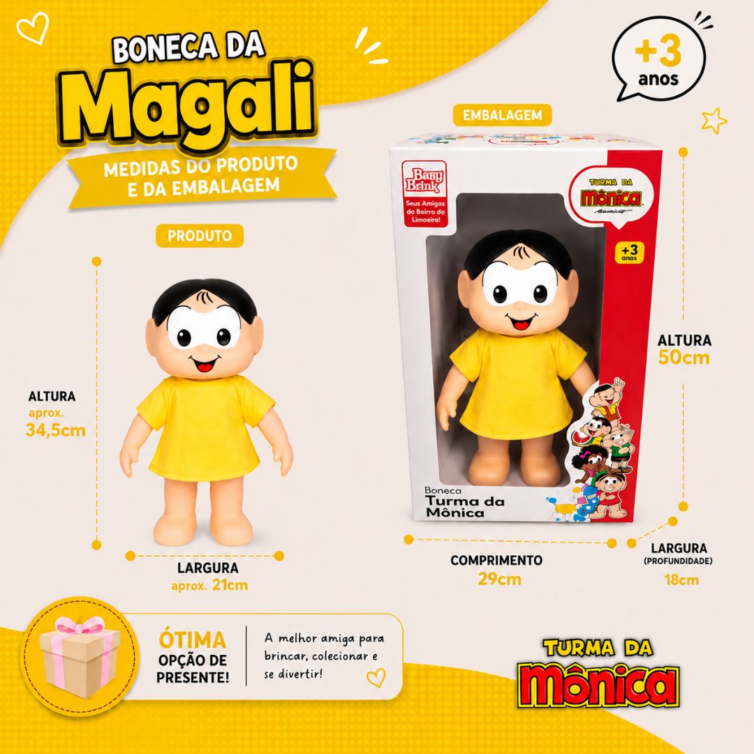 Boneca Magali Clássicos Turma da Mônica Brinquedo Infantil Baby Brink Presente Menina Criança Colecionável - Imagem 5