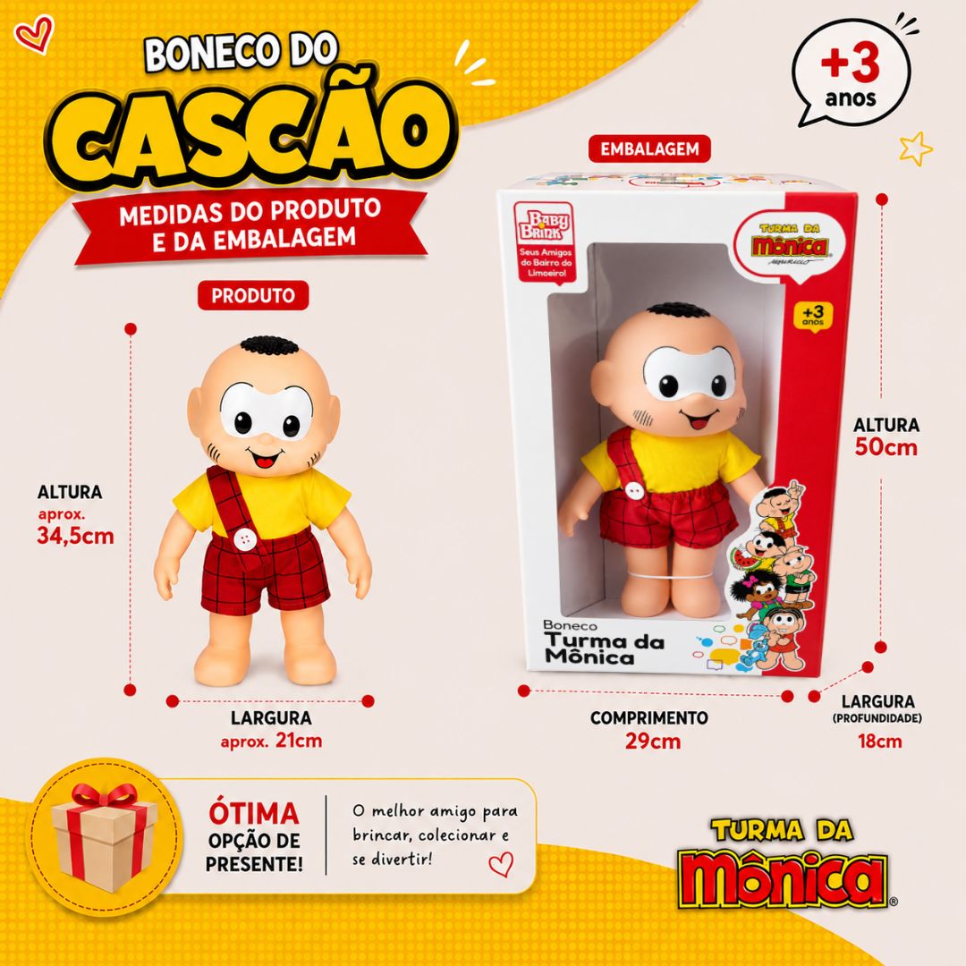 Boneco Cascão Clássicos Turma da Mônica Brinquedo Infantil Baby Brink Presente Menino Criança Colecionável - Imagem 5
