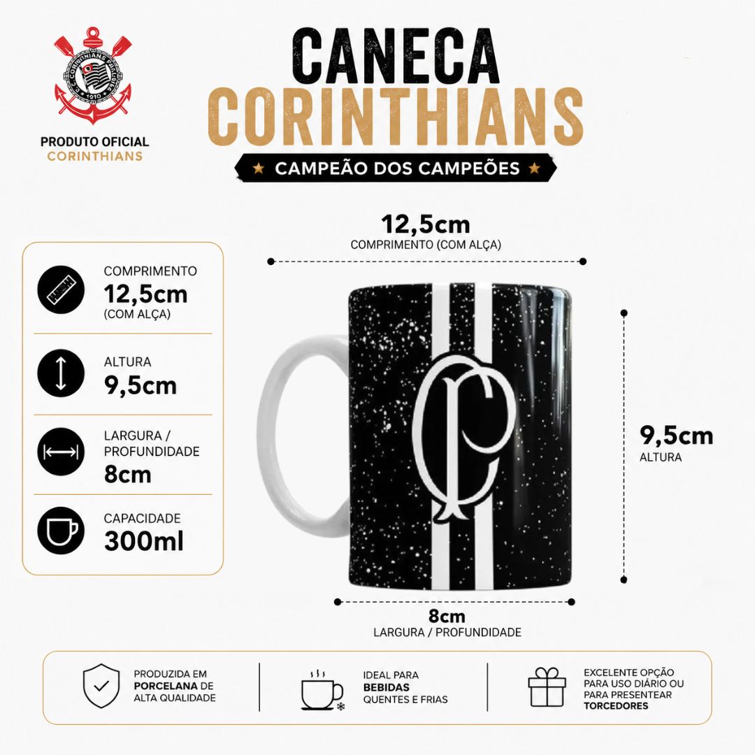 Caneca Corinthians 300ml Campeão Dos Campeões Cerâmica Timao Preto Pai Futebol Presente Oficial - Imagem 5