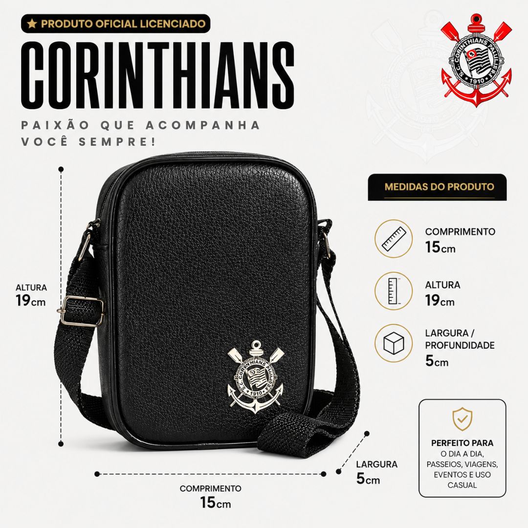 Shoulder Bag Mini Corinthians Preto Transversal Pai Amigo Presente Timão Futebol Torcedor Acessórios Pochete Bolsa - Imagem 5