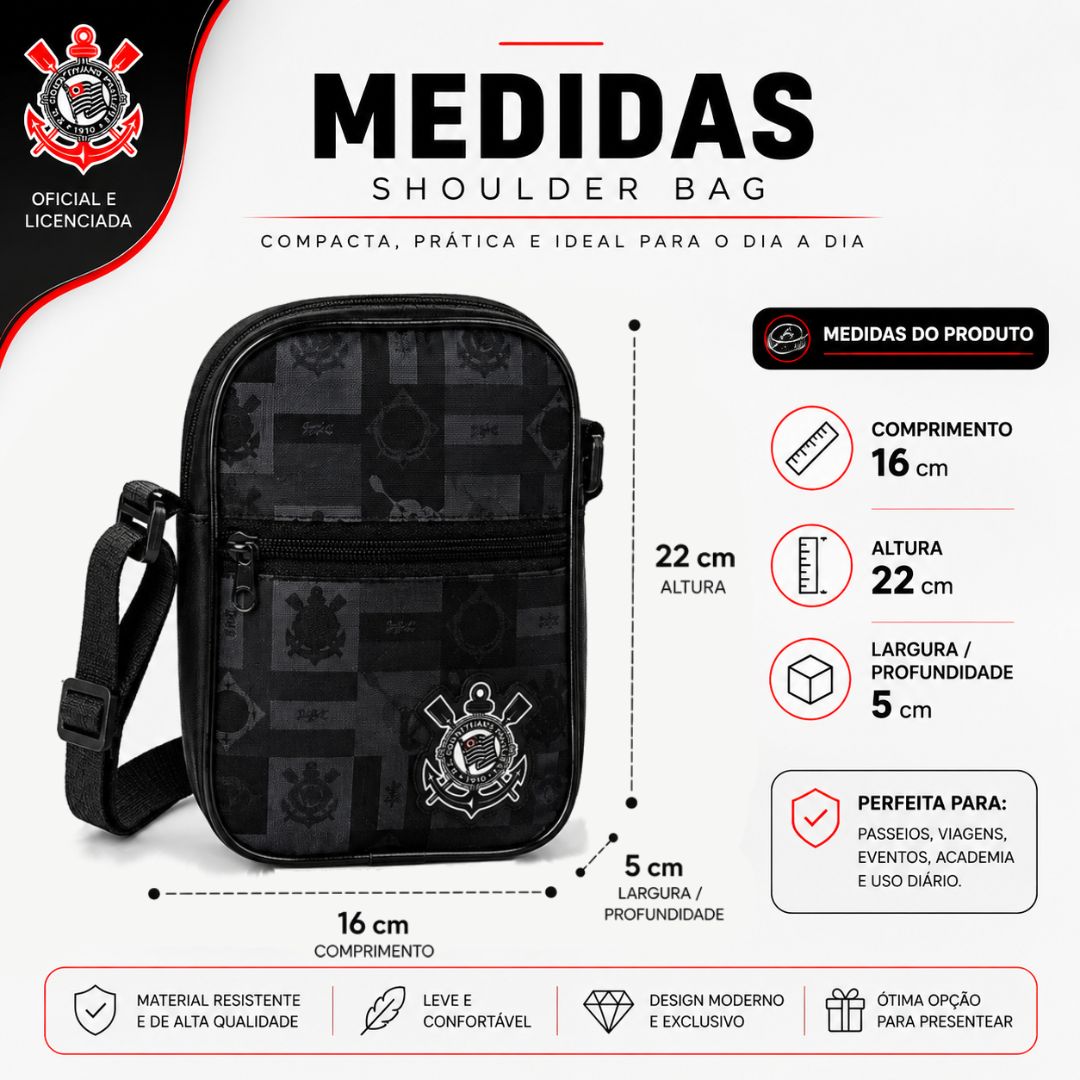 Shoulder Bag Sccp Corinthians Preto PaísesTransversal Pai Amigo Presente Timão Futebol Torcedor Acessórios Pochete Bolsa - Imagem 5