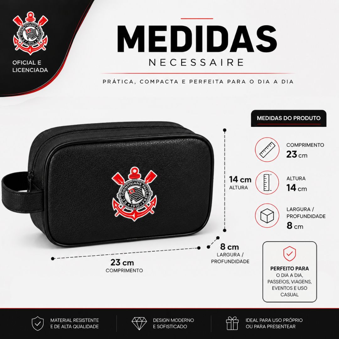 Necessaire Corinthians Preta Simbolo Pai Amigo Presente Alça Timão Futebol Torcedor Viagem Higiene Organizador - Imagem 5