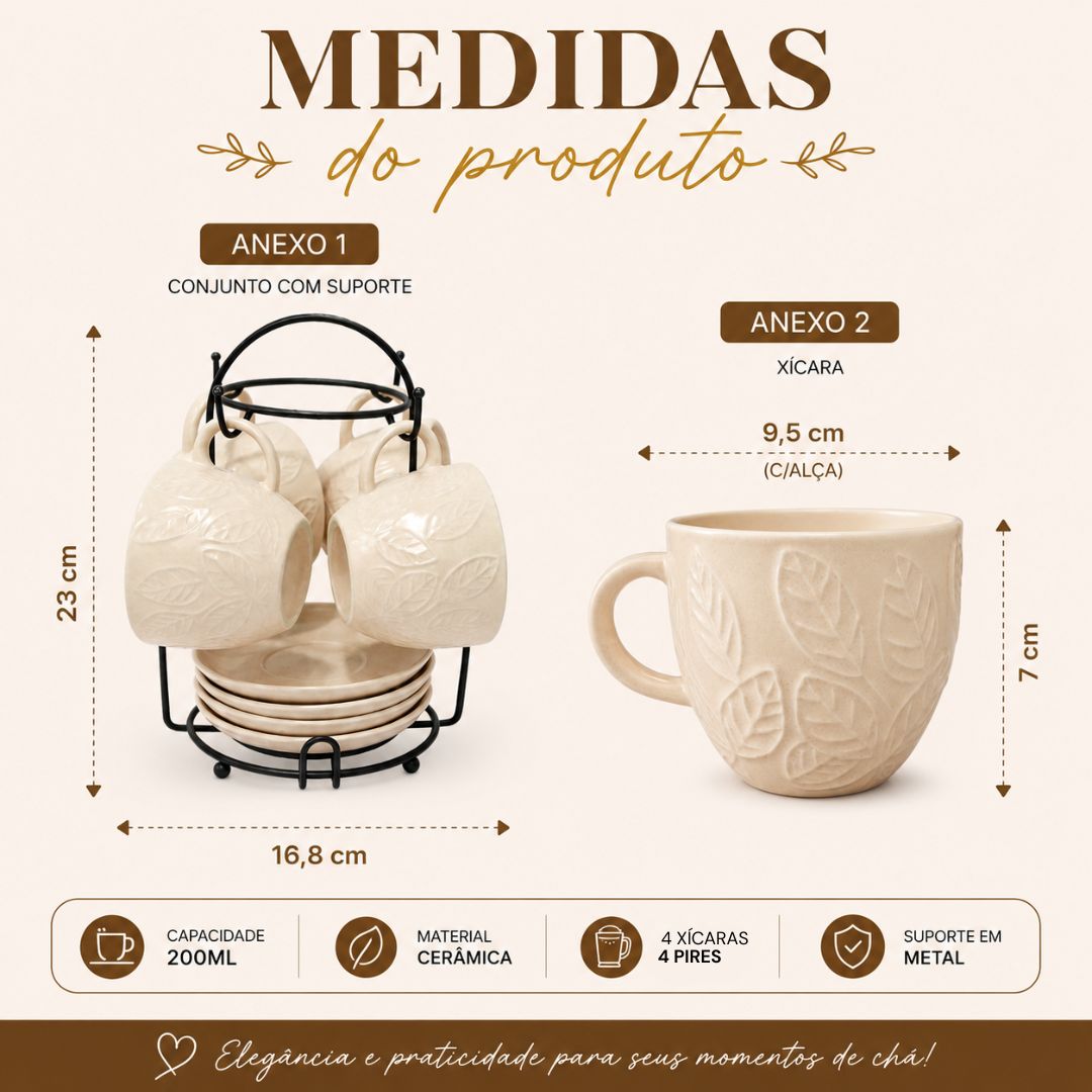 Conjunto de 4 xícaras para Chá Pires Creme 200ml Cerâmica Café Chá Mesa Posta Resistente Sofisticado Presente Amiga Mãe - Imagem 5