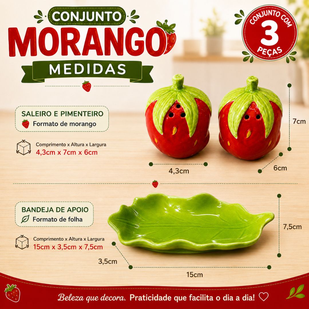 Conjunto de Saleiro e Pimenteiro Bandeja 3 Peças Cerâmica Morango Utensílio Cozinha Decoração Mesa Temperos Presente - Imagem 5