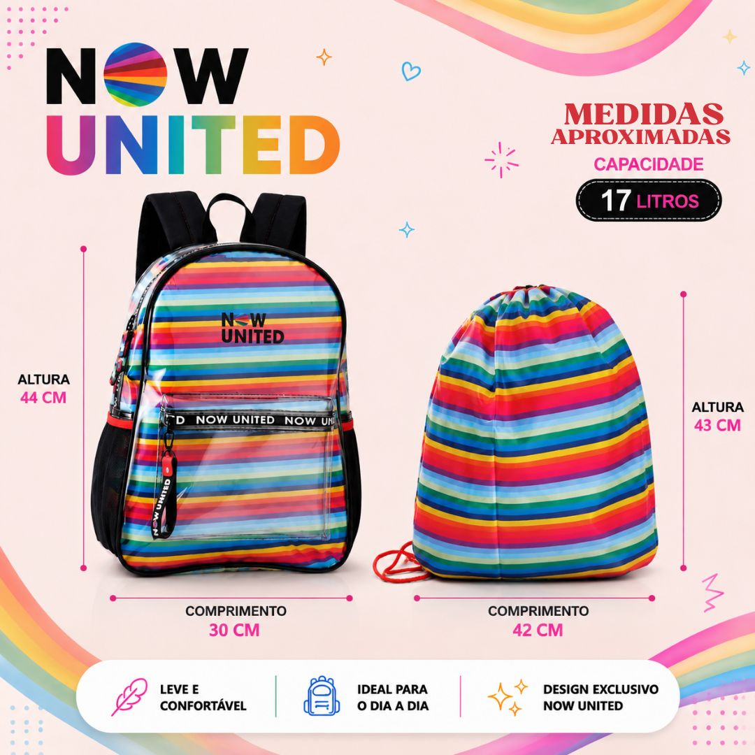 Mochila de Costas Escolar Notebook Banda Now United Arco Iris Rock Pop Transparente Now United - Imagem 5