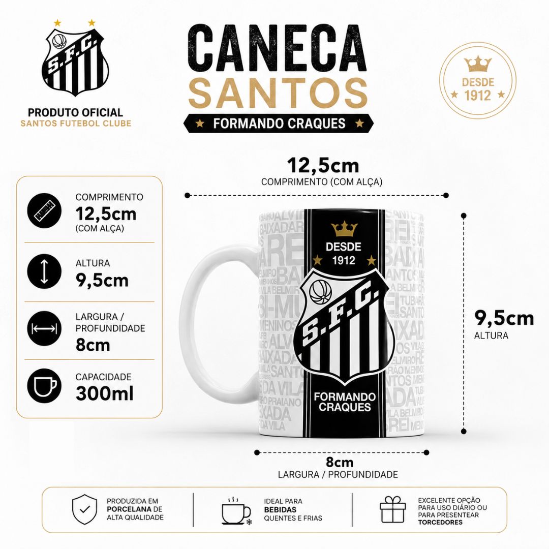 Caneca Santos 300ml Formando Craques Torcida Jovem Branco Pai Futebol Peixe Presente - Imagem 5