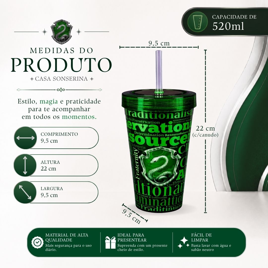 Copo c/ Canudo Sonserina Slytherin Frases Brasão Harry Potter 520ml Verde Bebidas Presente Tampa Hogwarts - Imagem 5