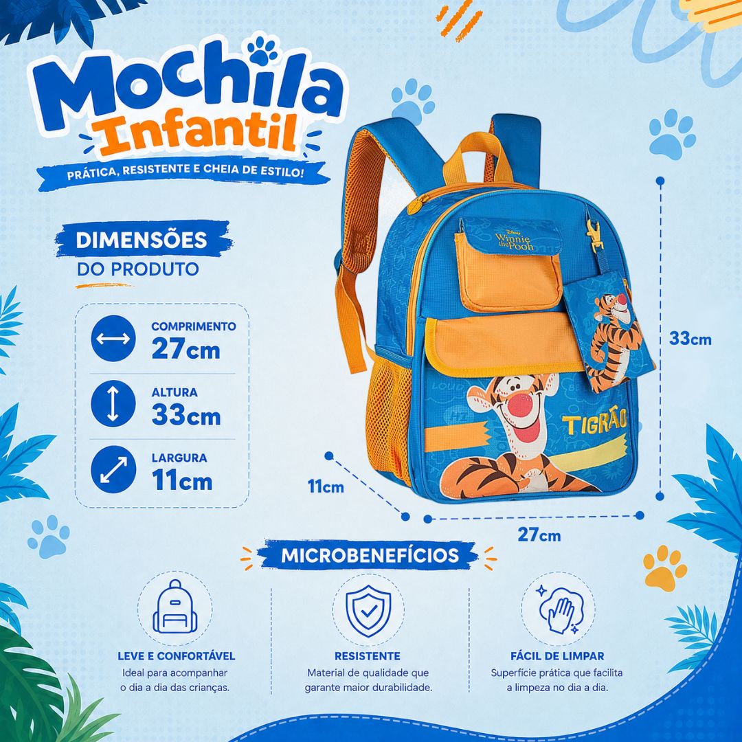 Mochila de Costas Infantil Tigrão Disney Escolar Menino Volta as Aulas Passeio Viagem Capuz Espaçosa - Imagem 5