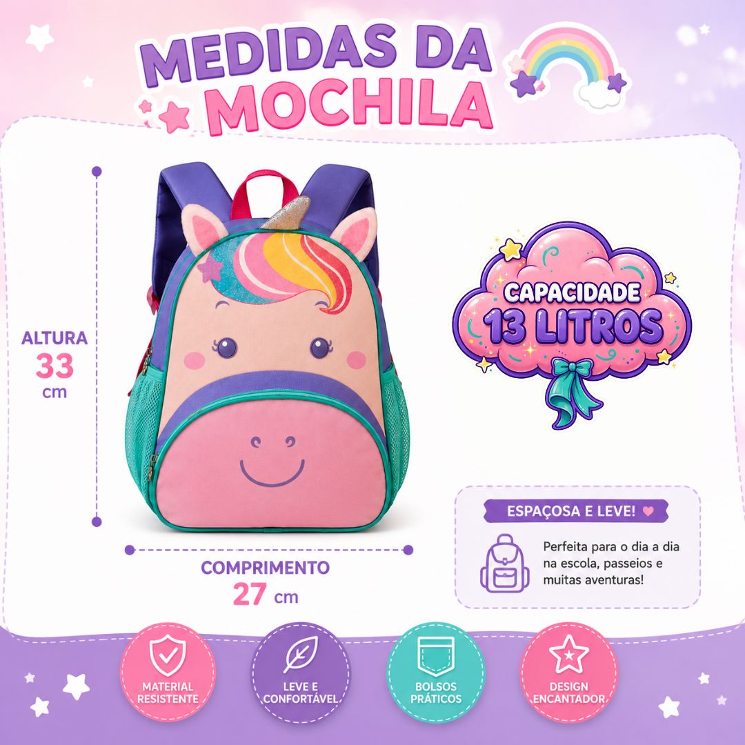 Mochila de Costas Unicórnio Infantil 13L Escolar Volta as Aulas Menina Passeio Viagem Resistente - Imagem 9