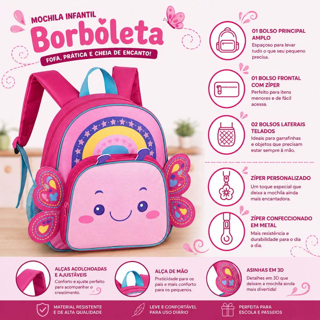 Mochila de Costas Infantil Abelhinha Borboleta Escolar Passeio Criança Viagem Volta as Aulas - Imagem 7