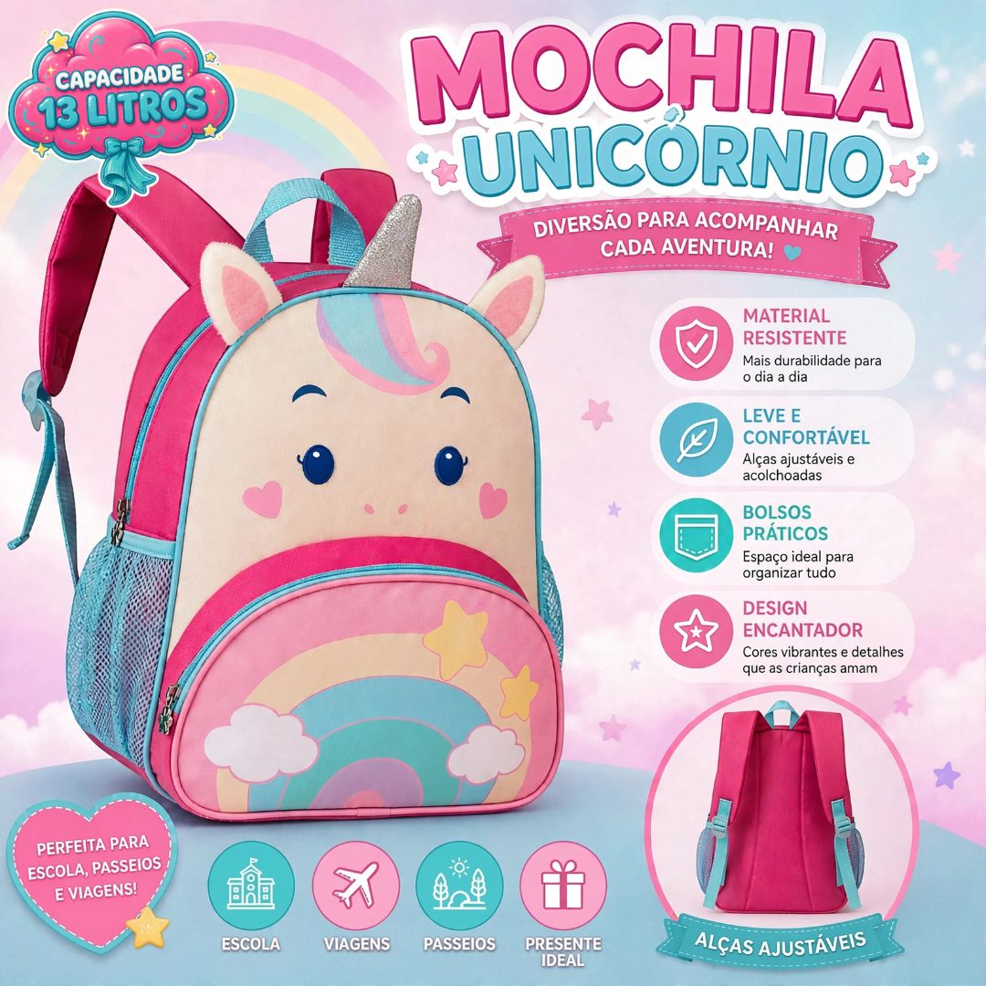Mochila de Costas Unicórnio Infantil 13L Escolar Volta as Aulas Menina Passeio Viagem Resistente - Imagem 3