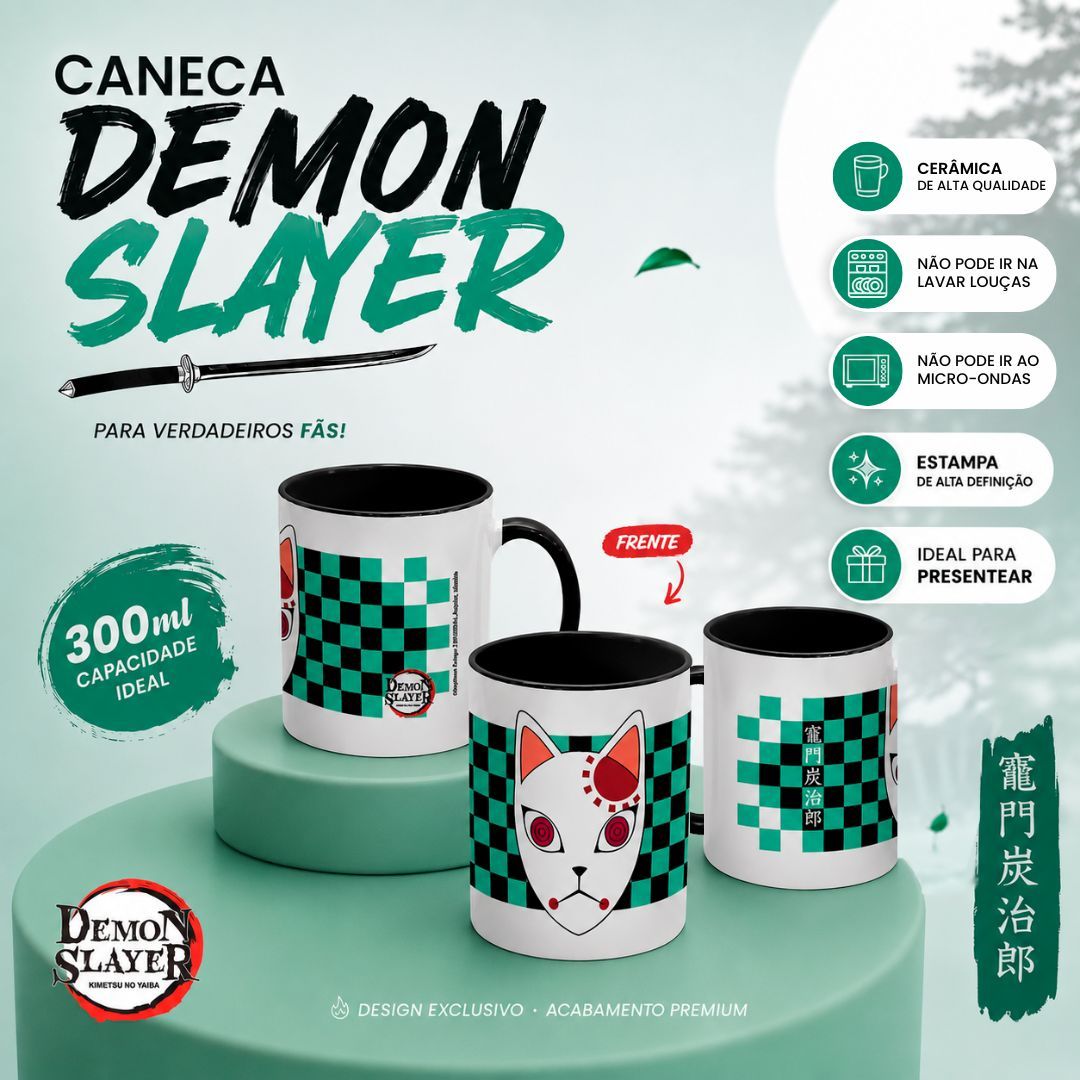 Caneca Demon Slayer Máscara Kitsune de Cerâmica 300ml Branca Com Interior Preto Tanjiro Kamado Anime Presente Café Chá - Imagem 2