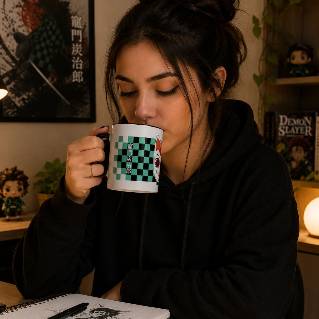 Caneca Demon Slayer Máscara Kitsune de Cerâmica 300ml Branca Com Interior Preto Tanjiro Kamado Anime Presente Café Chá - Imagem 4