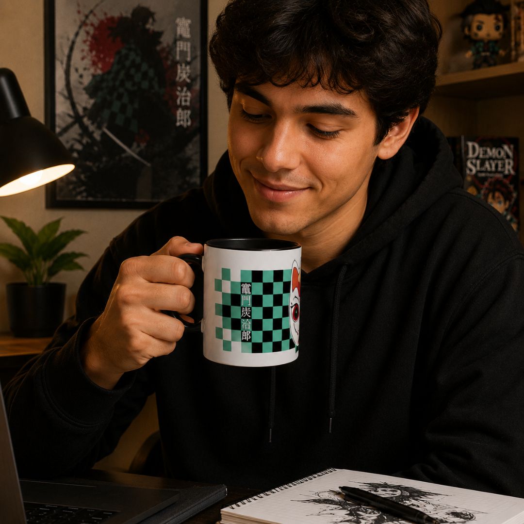 Caneca Demon Slayer Máscara Kitsune de Cerâmica 300ml Branca Com Interior Preto Tanjiro Kamado Anime Presente Café Chá - Imagem 3