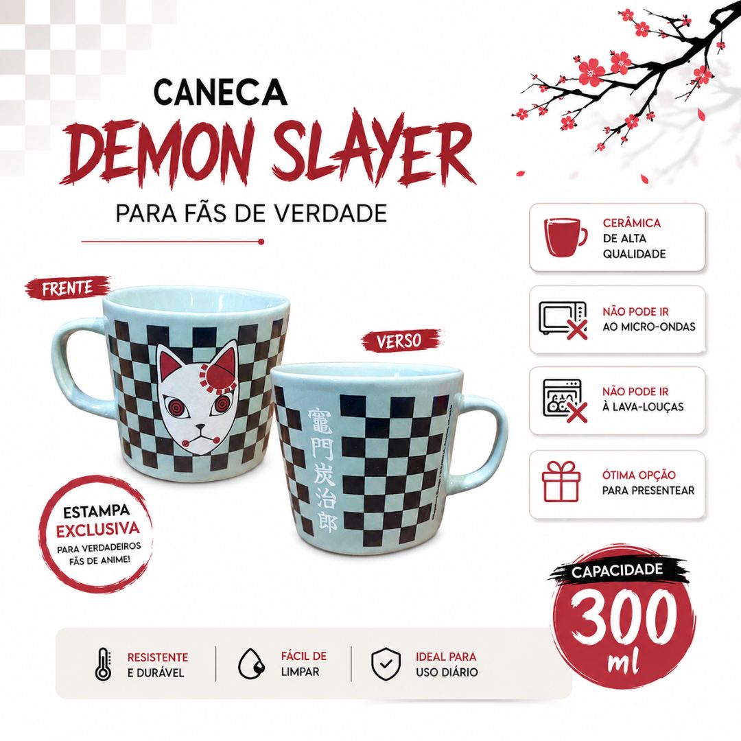 Caneca Demon Slayer Máscara Kitsune de Cerâmica 300ml Tanjiro Kamado Anime Kimetsu No Yaiba Geek Presente Café Chá Bebid - Imagem 2