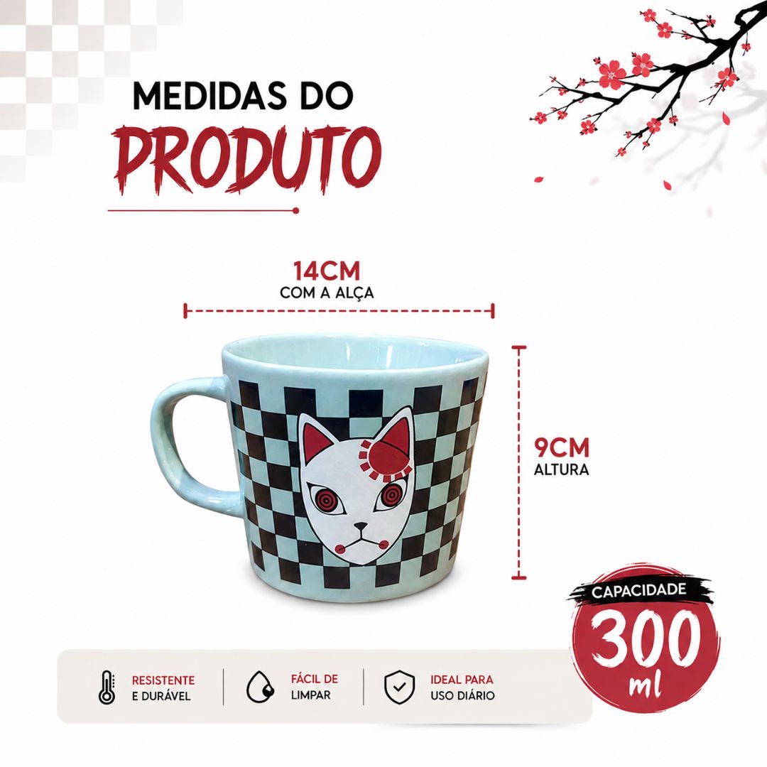 Caneca Demon Slayer Máscara Kitsune de Cerâmica 300ml Tanjiro Kamado Anime Kimetsu No Yaiba Geek Presente Café Chá Bebid - Imagem 5