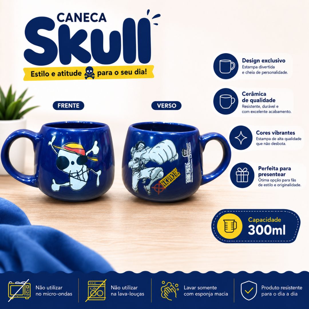 Caneca Skull One Piece Azul 300ml Cerâmica Mangá Anime Geek Café Chá Bebidas Quente Presente - Imagem 2