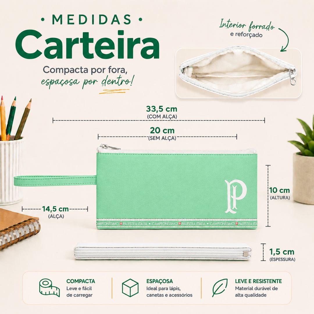 Carteira Feminina Palmeiras Verde Claro c/Zíper Alça Verdão Time Porco Futebol Presente Organizar Dinheiro Cartão - Imagem 6