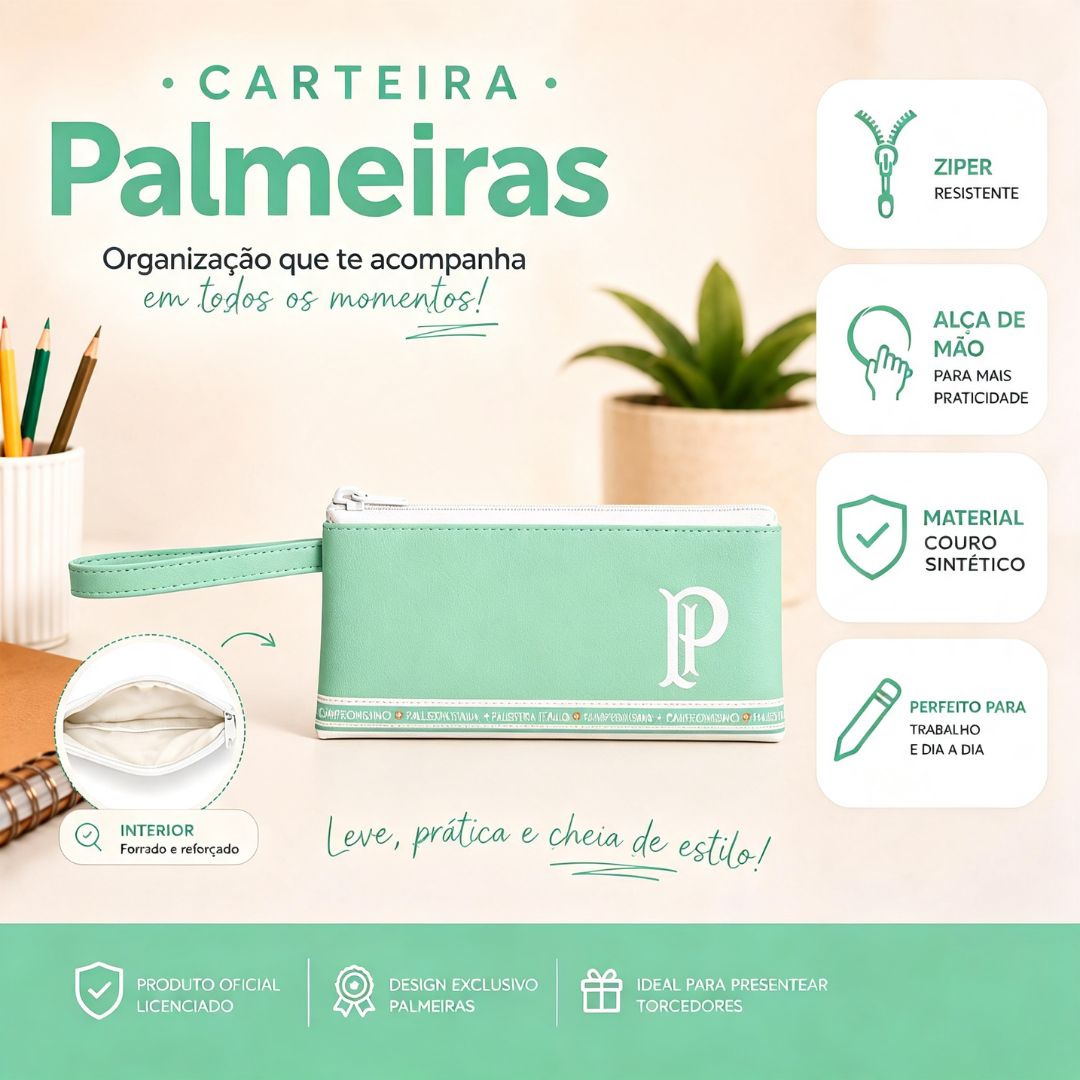 Carteira Feminina Palmeiras Verde Claro c/Zíper Alça Verdão Time Porco Futebol Presente Organizar Dinheiro Cartão - Imagem 2