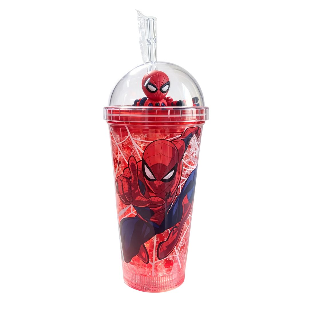 Copo c/ Canudo Led Homem Aranha 450ml Infantil Vermelho Preto Transparente Azul Bebidas Duplo Marvel Criança Presente - Imagem 2