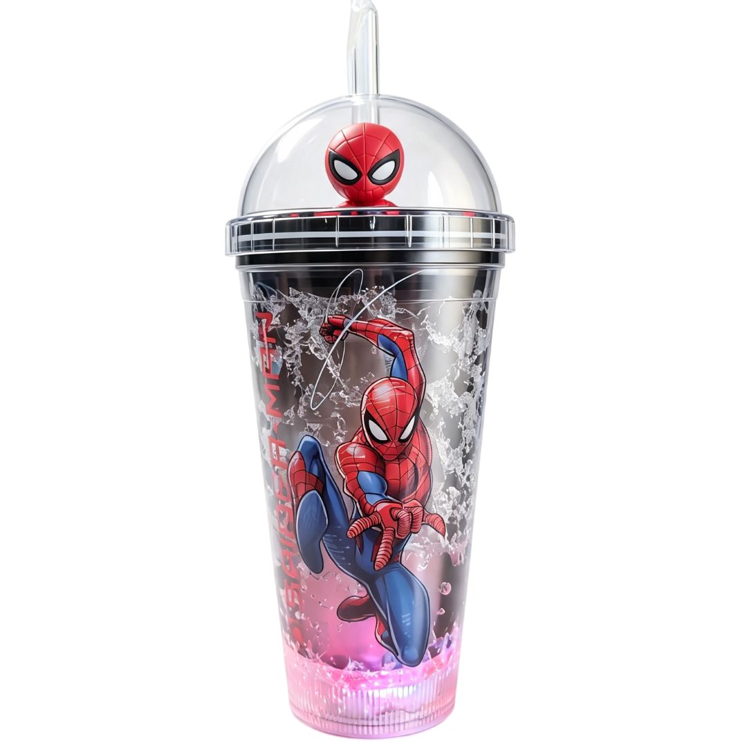 Copo c/ Canudo Led Homem Aranha 450ml Infantil Vermelho Preto Transparente Azul Bebidas Duplo Marvel Criança Presente - Imagem 3