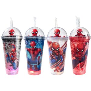 Copo c/ Canudo Led Homem Aranha 450ml Infantil Vermelho Preto Transparente Azul Bebidas Duplo Marvel Criança Presente
