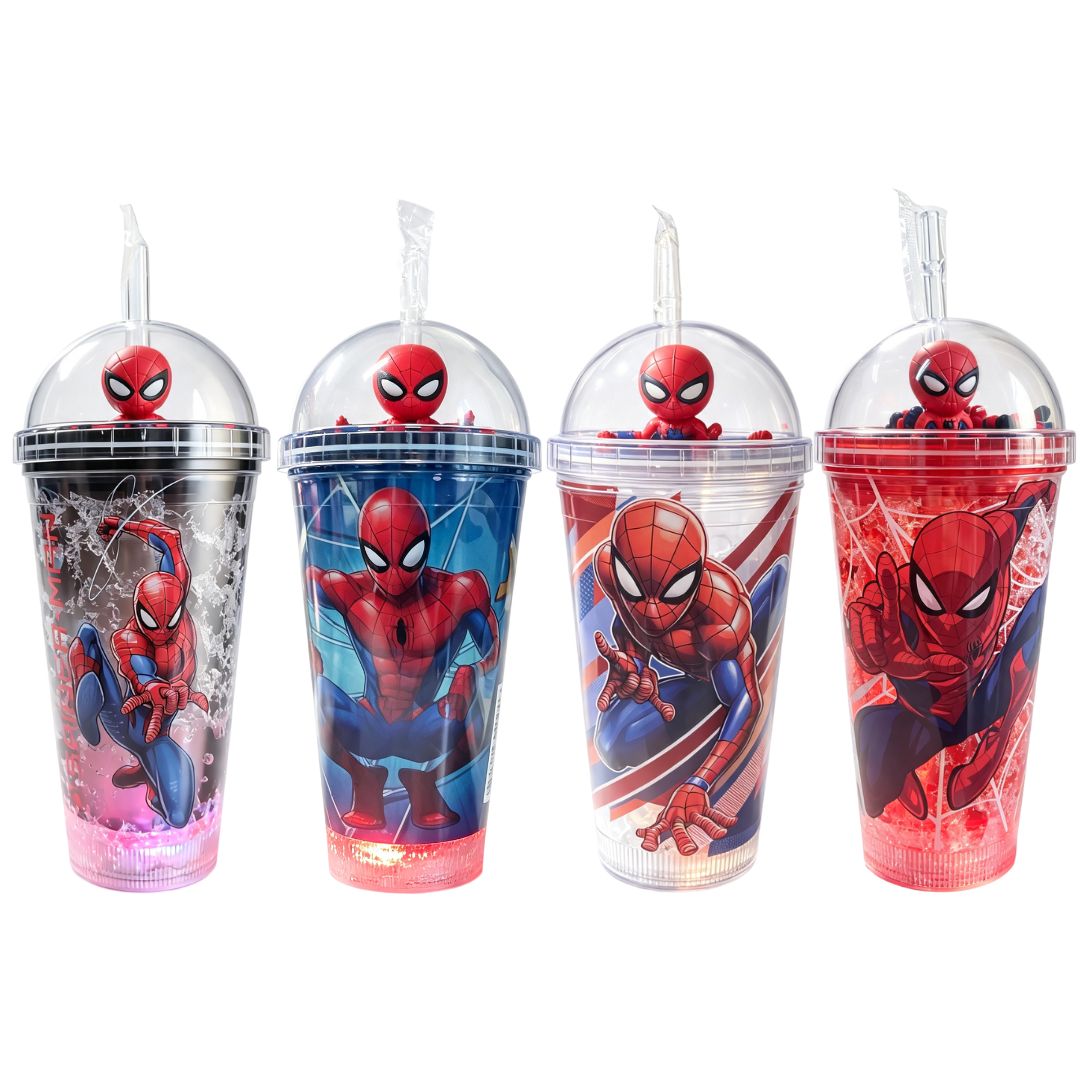 Copo c/ Canudo Led Homem Aranha 450ml Infantil Vermelho Preto Transparente Azul Bebidas Duplo Marvel Criança Presente
