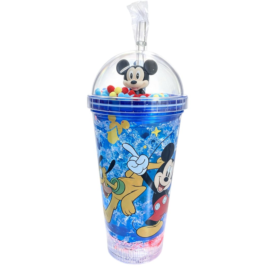 Copo c/ Canudo e Led Mickey Mouse Infantil Vermelho Azul Multicolorido Transparente Disney Bebidas Duplo Criança Present - Imagem 3