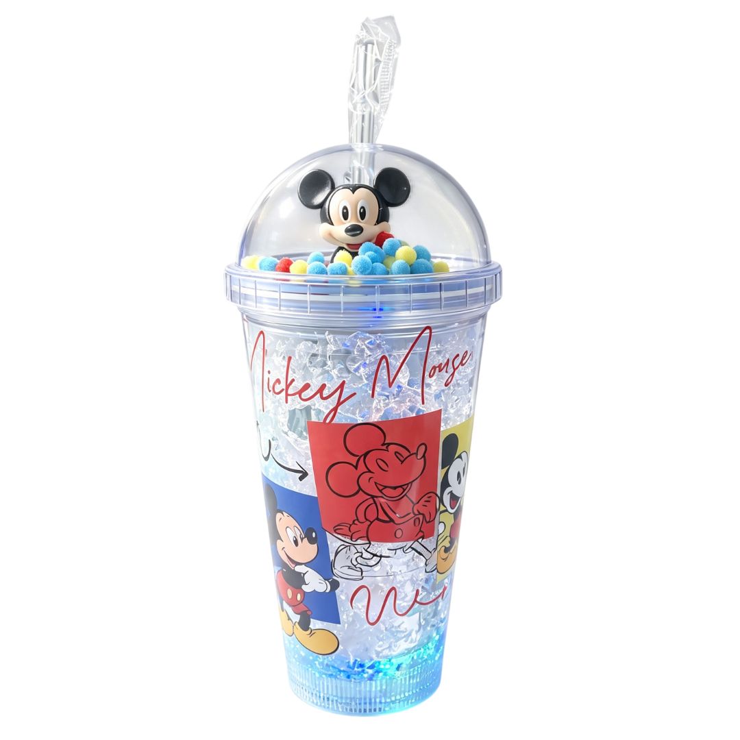 Copo c/ Canudo e Led Mickey Mouse Infantil Vermelho Azul Multicolorido Transparente Disney Bebidas Duplo Criança Present - Imagem 4