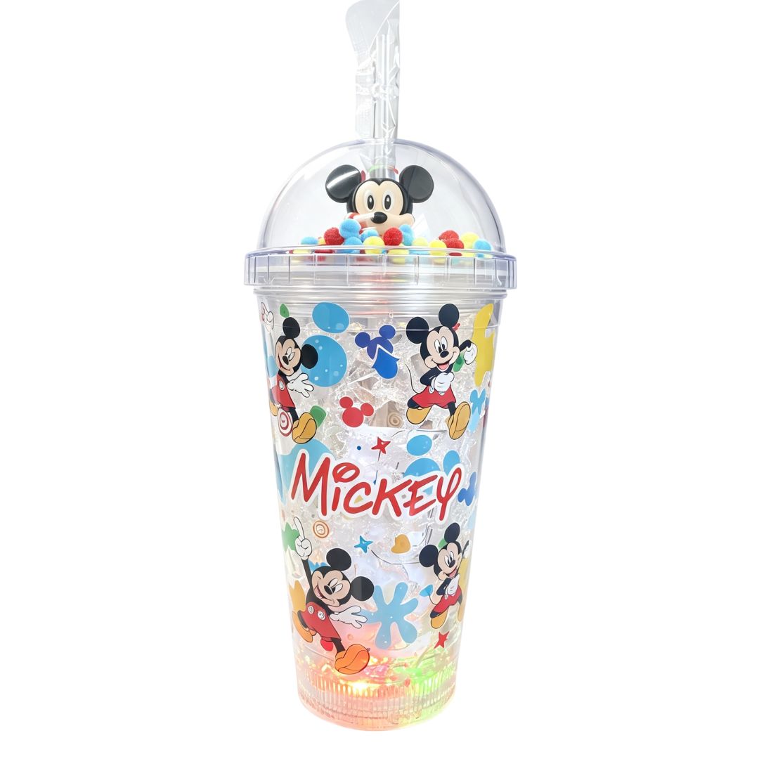 Copo c/ Canudo e Led Mickey Mouse Infantil Vermelho Azul Multicolorido Transparente Disney Bebidas Duplo Criança Present - Imagem 5