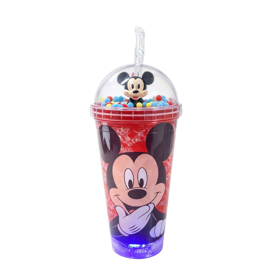 Copo c/ Canudo e Led Mickey Mouse Infantil Vermelho Azul Multicolorido Transparente Disney Bebidas Duplo Criança Present - Imagem 2