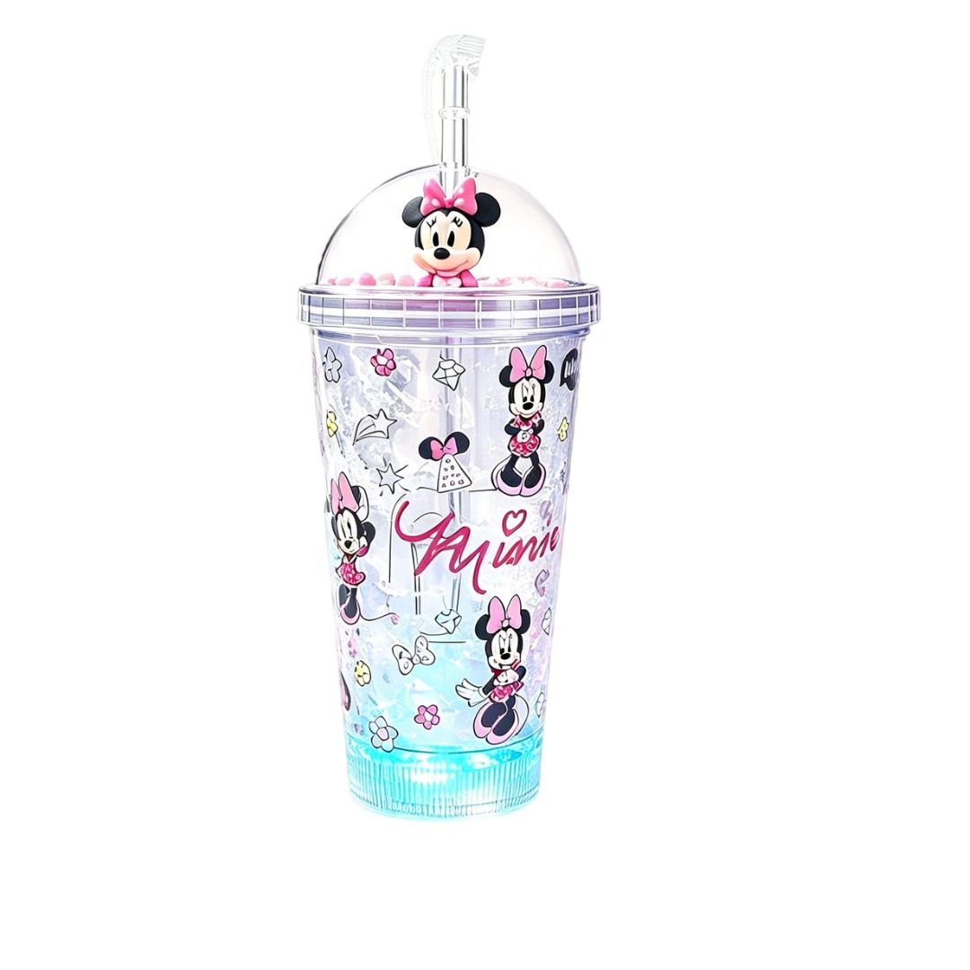 Copo c/ Canudo e Led Minnie Mouse 450ml Infantil Roxo Rosa Verde Transparente Disney Bebidas Duplo Criança Presente - Imagem 4