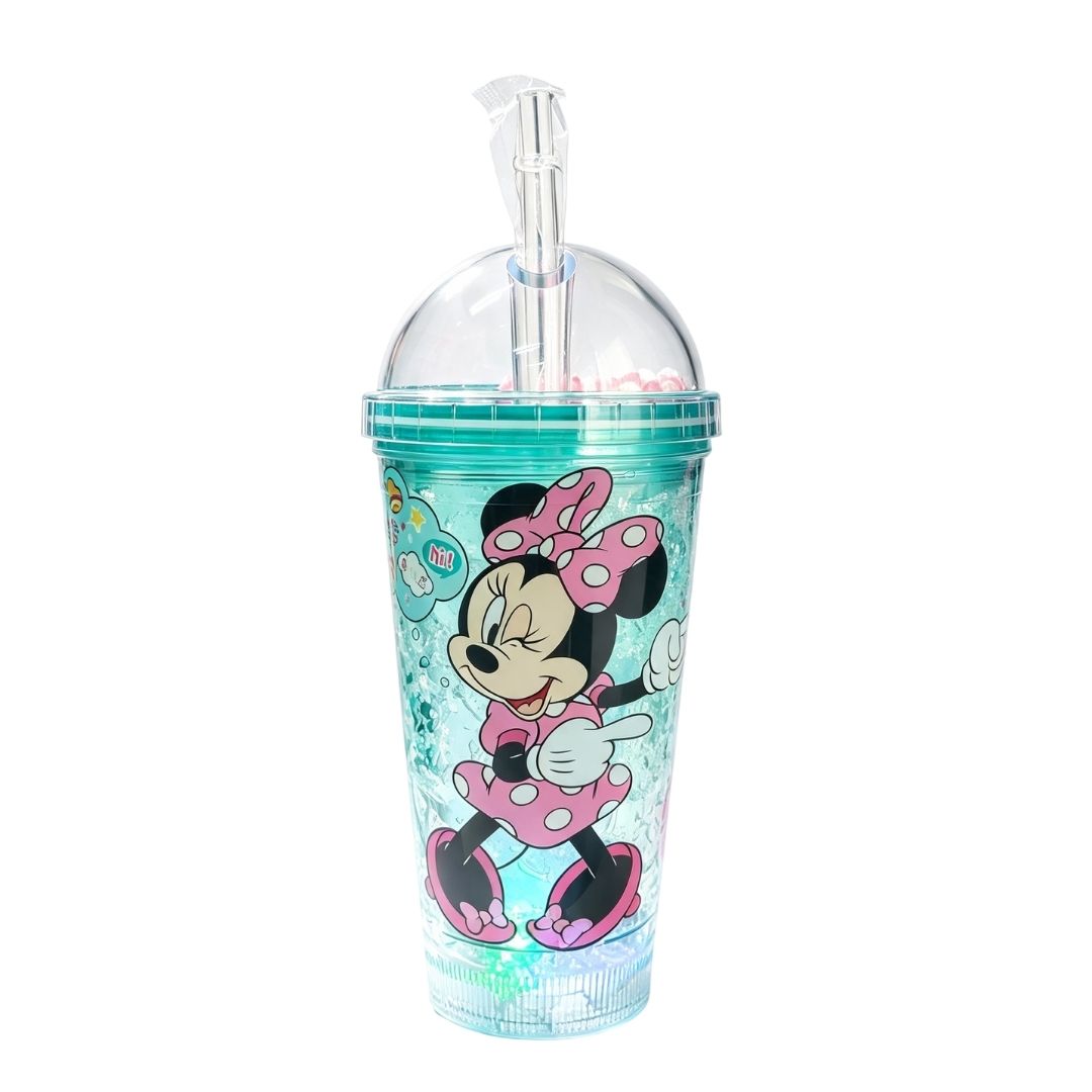 Copo c/ Canudo e Led Minnie Mouse 450ml Infantil Roxo Rosa Verde Transparente Disney Bebidas Duplo Criança Presente - Imagem 5