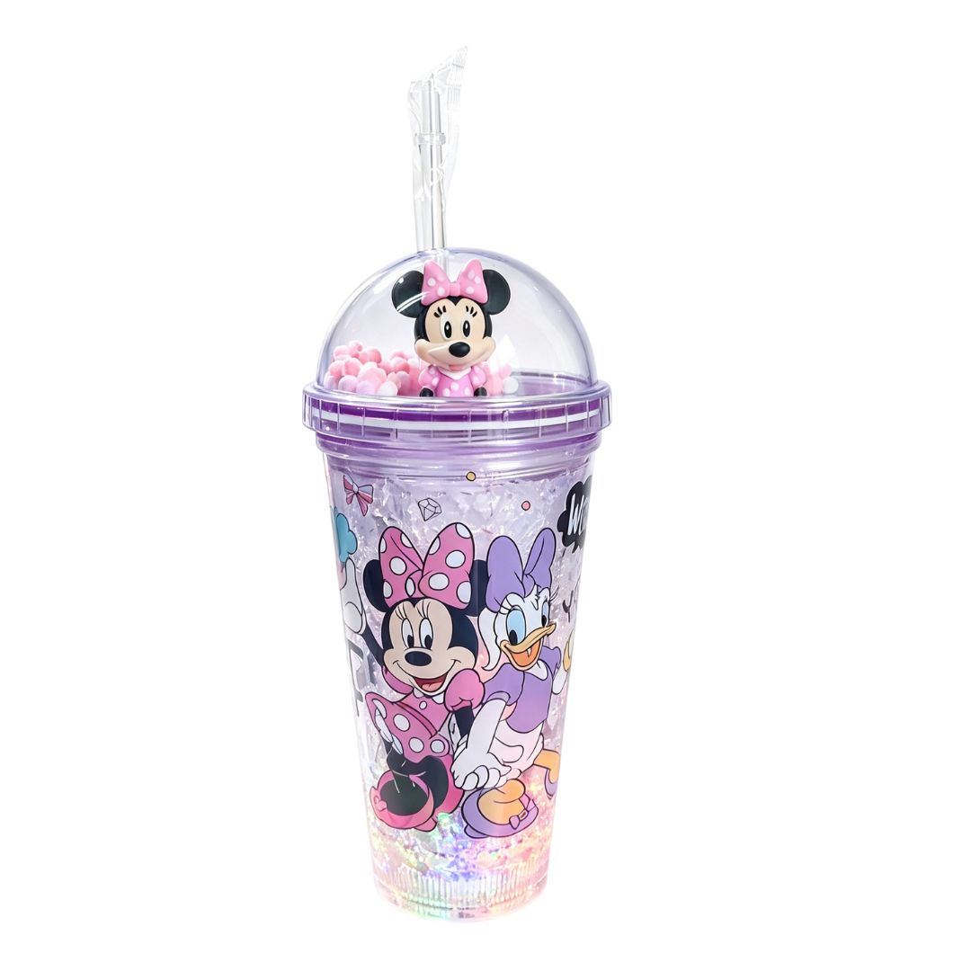 Copo c/ Canudo e Led Minnie Mouse 450ml Infantil Roxo Rosa Verde Transparente Disney Bebidas Duplo Criança Presente - Imagem 2