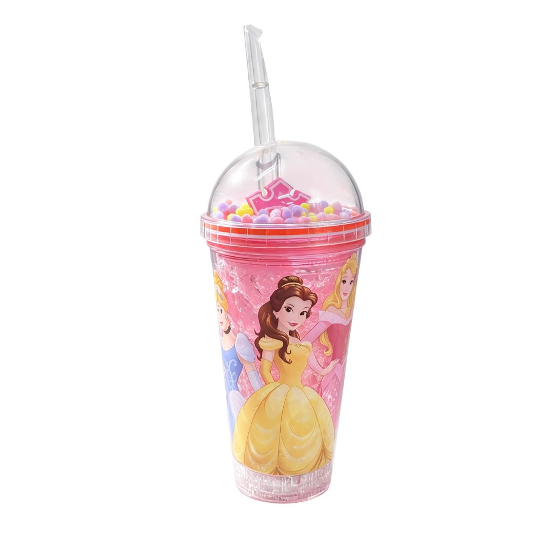 Copo c/ Canudo e Led Princesas 450ml Rosa Multicolorido Verde Transparente Infantil Bebidas Duplo Criança Presente - Imagem 2