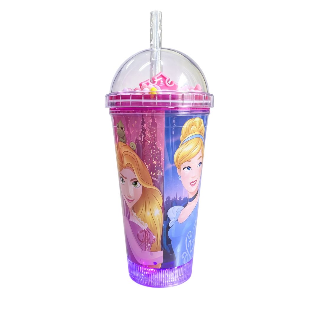 Copo c/ Canudo e Led Princesas 450ml Rosa Multicolorido Verde Transparente Infantil Bebidas Duplo Criança Presente - Imagem 3
