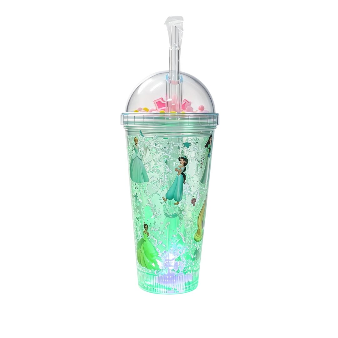 Copo c/ Canudo e Led Princesas 450ml Rosa Multicolorido Verde Transparente Infantil Bebidas Duplo Criança Presente - Imagem 4