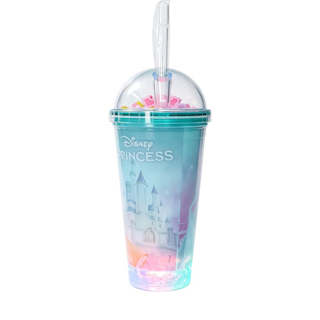 Copo c/ Canudo e Led Princesas 450ml Rosa Multicolorido Verde Transparente Infantil Bebidas Duplo Criança Presente - Imagem 5